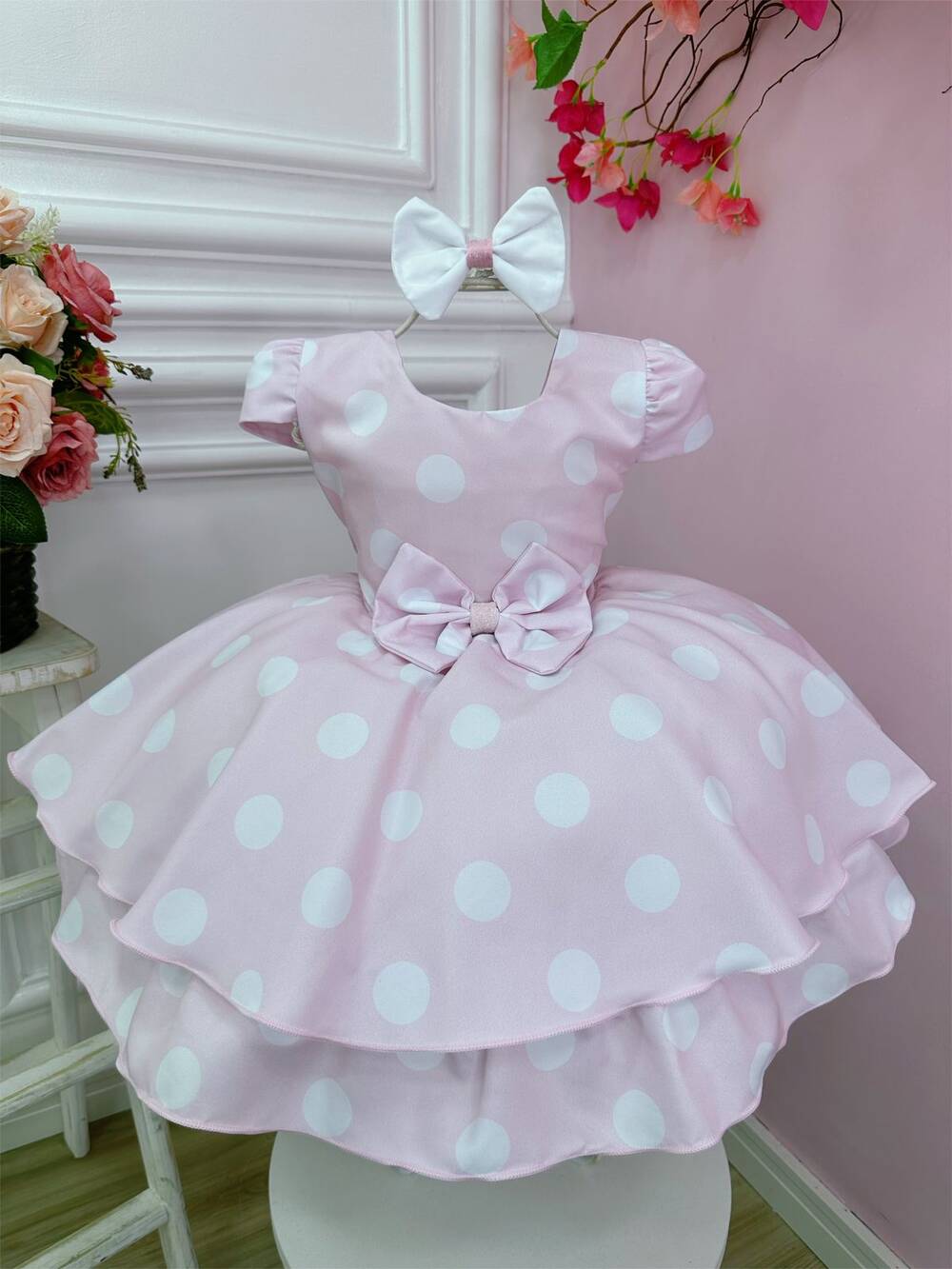 Vestido Infantil Rosa C/ Bolinhas Brancas Minnie e Laço