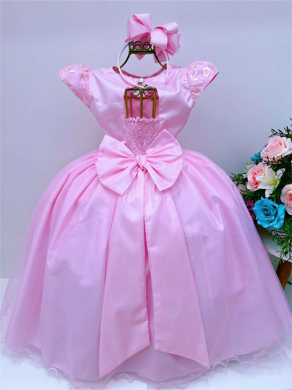 Vestido Infantil Dama Honra Rosa Casamento Renda Pérola