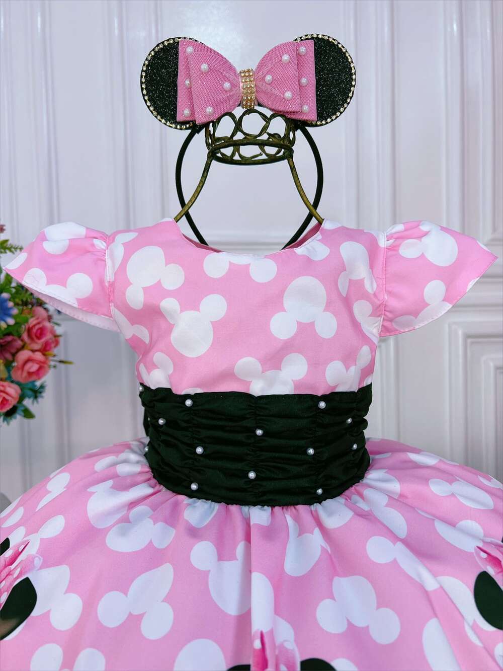 Vestido Infantil Minnie Rosa Com Pérolas Festas