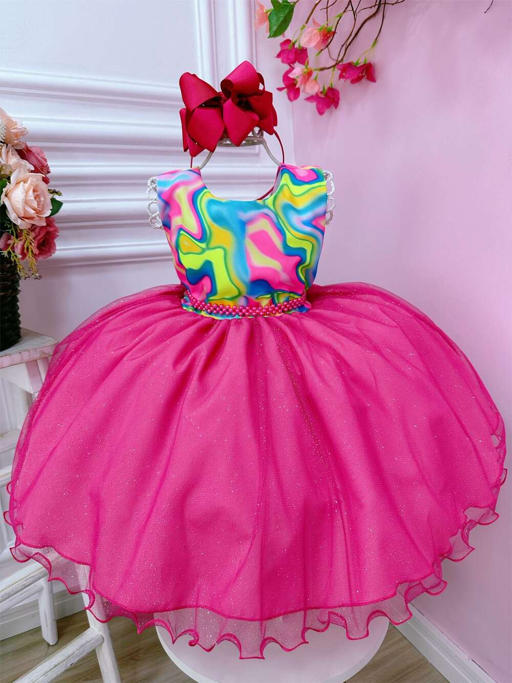 Vestido Infantil Barbie Colorido Neon Saia Pink e Glitter