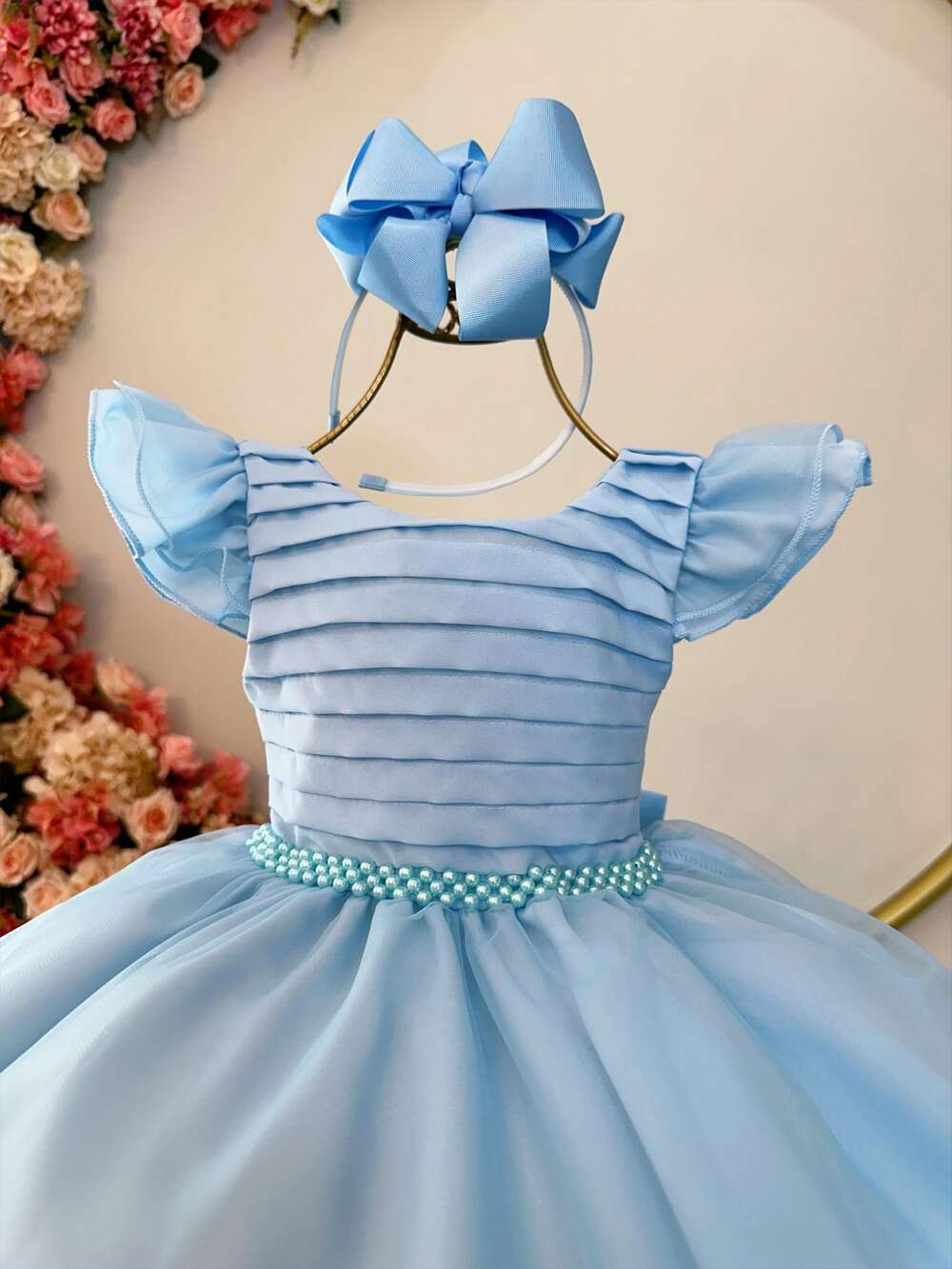 Vestido Infantil Azul Bebê Busto Plissado C/ Pérolas Festas