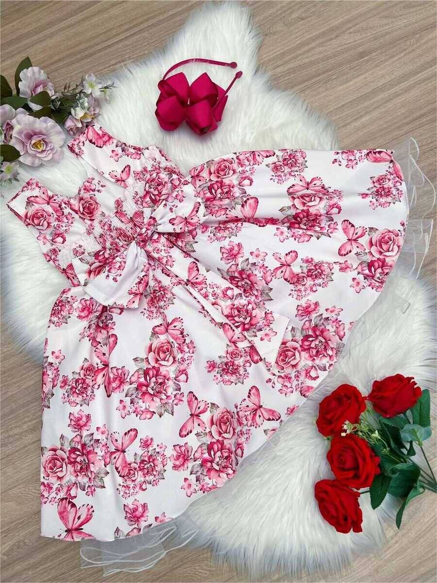 Vestido Infantil Rosa Bebê Jardim das Borboletas com Pérolas