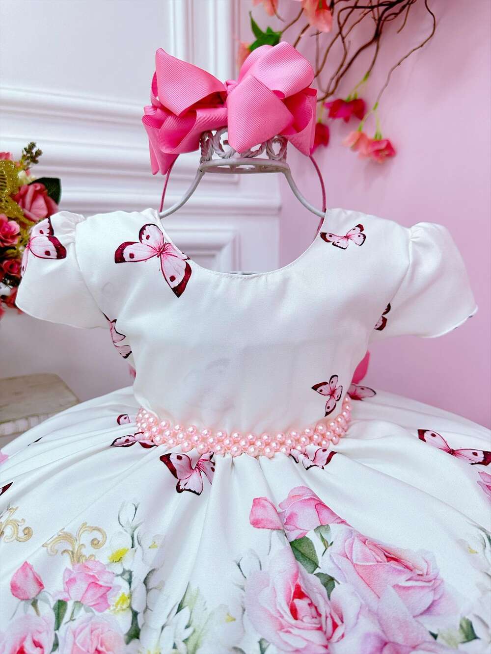 Vestido Infantil Branco Floral Rosa C/ Cinto Pérolas Festas