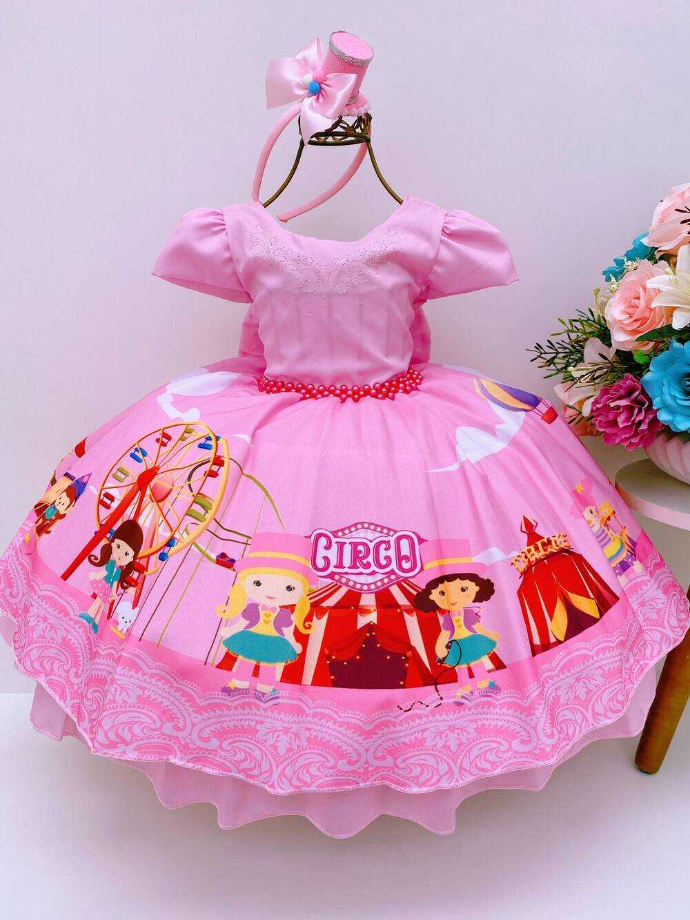 Vestido Infantil Rosa Circo C/ Cinto Pérolas