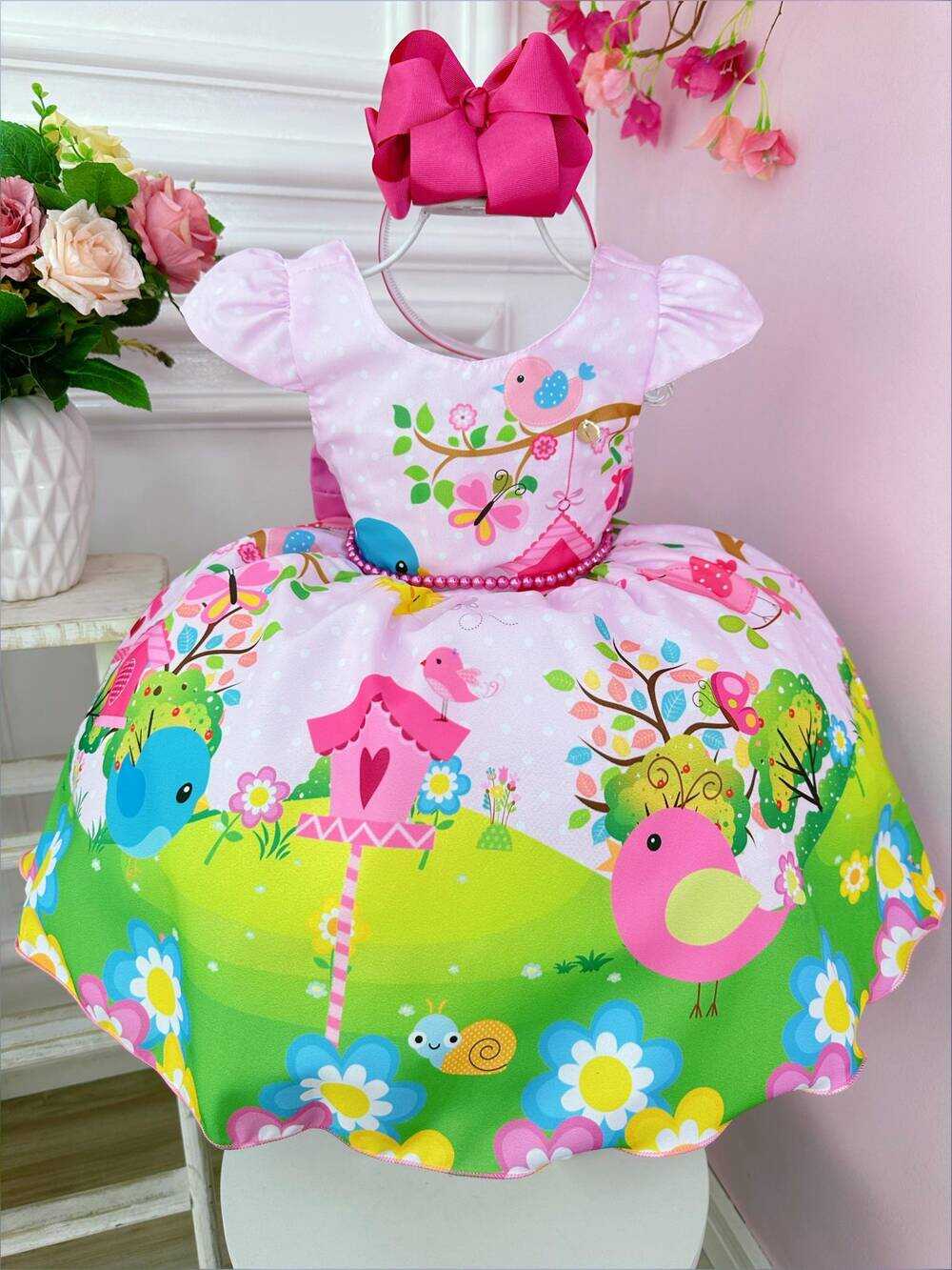 Vestido Infantil Cantinho dos Passarinhos Rosa C/ Pérolas