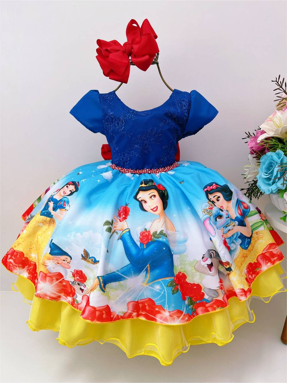 Vestido Infantil Branca de Neve Azul C/ Renda e Cinto Strass