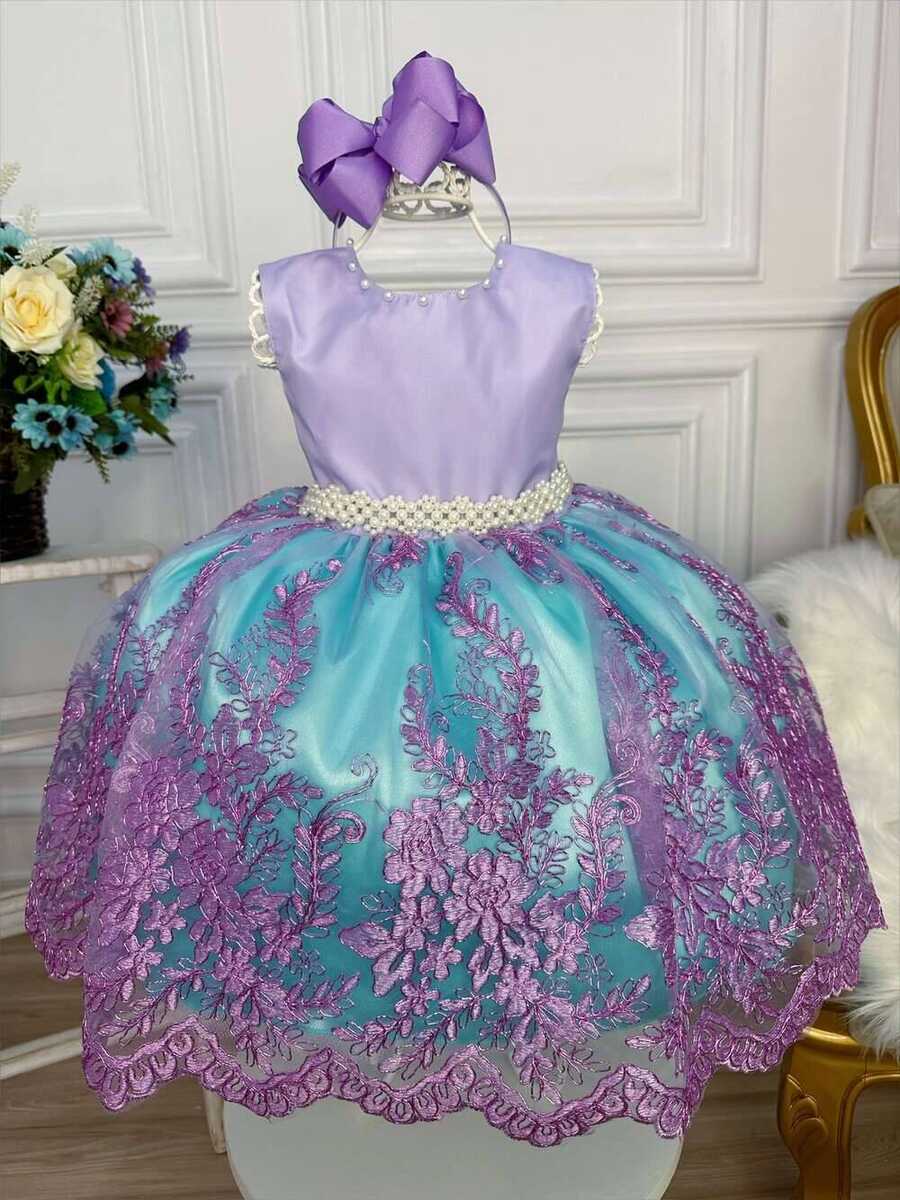 Vestido Infantil Ariel Princesa C/ Renda e Cinto de Pérolas