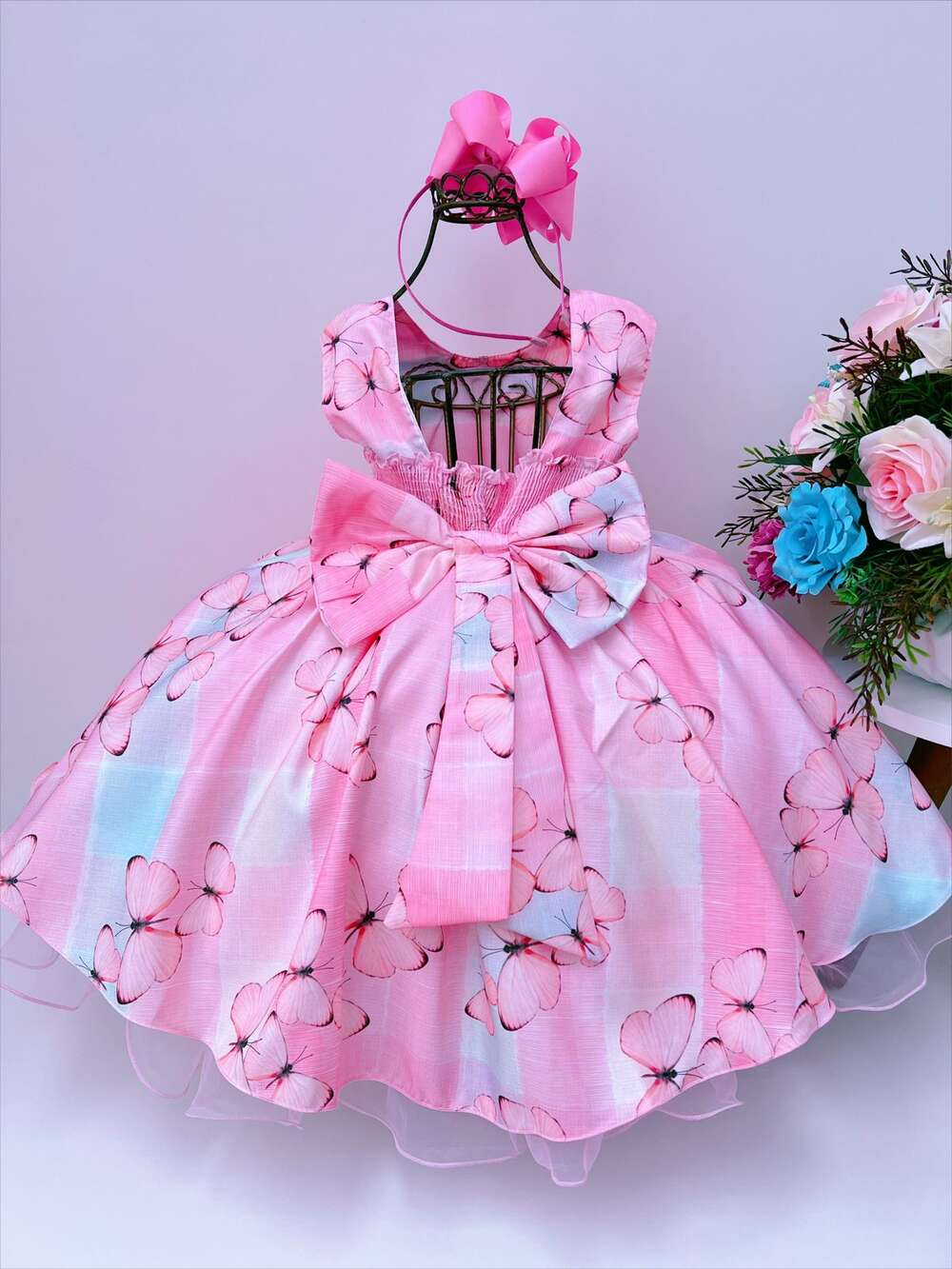 Vestido Infantil Jardim das Borboletas Rosa e Azul sem Manga