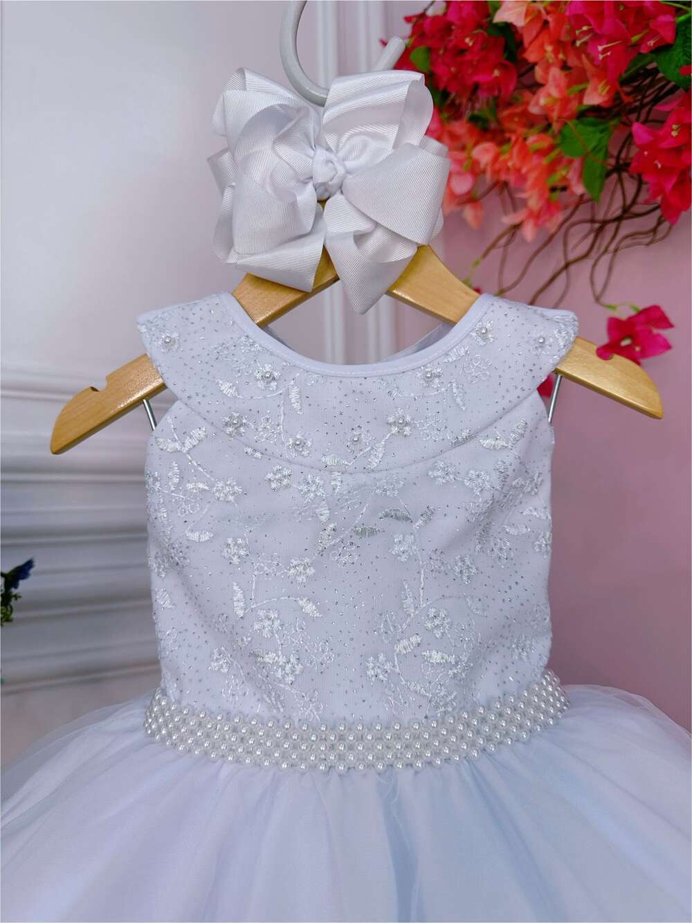 Vestido Infantil Branco C/ Renda Glitter e Cinto de Pérolas