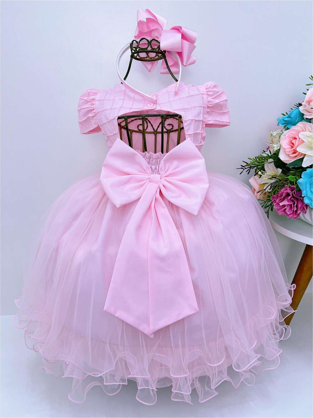 Vestido Infantil Rosa Peito C/ Nervura Strass Pérolas