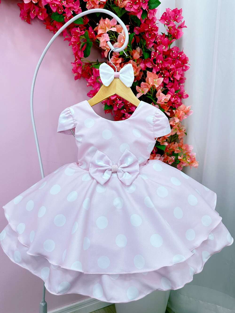 Vestido Infantil Rosa C/ Bolinhas Brancas Minnie e Laço