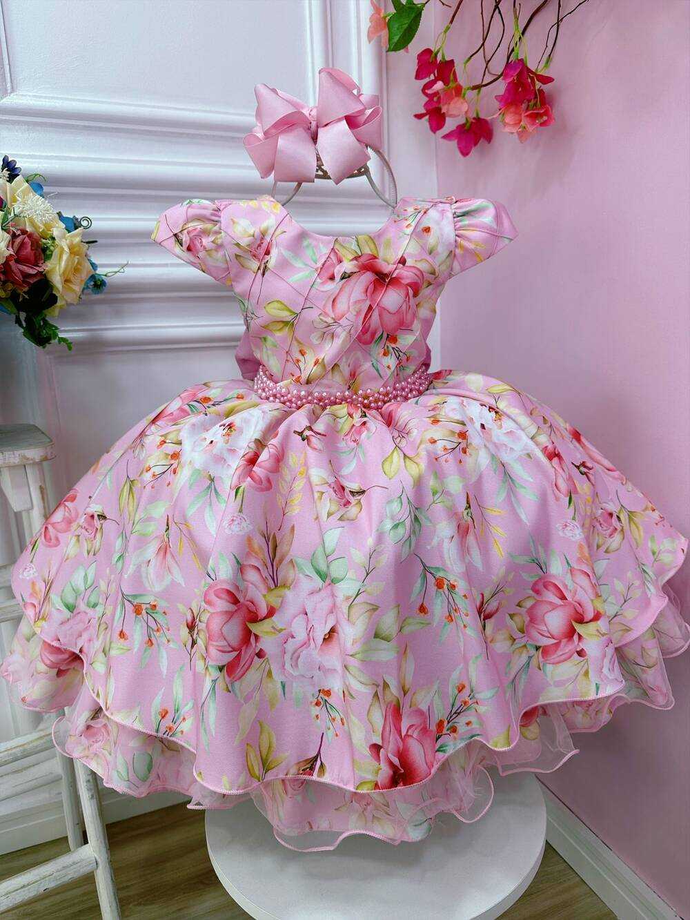 Vestido Infantil Rosa Peito Nervura Florido C/ Cinto Pérolas