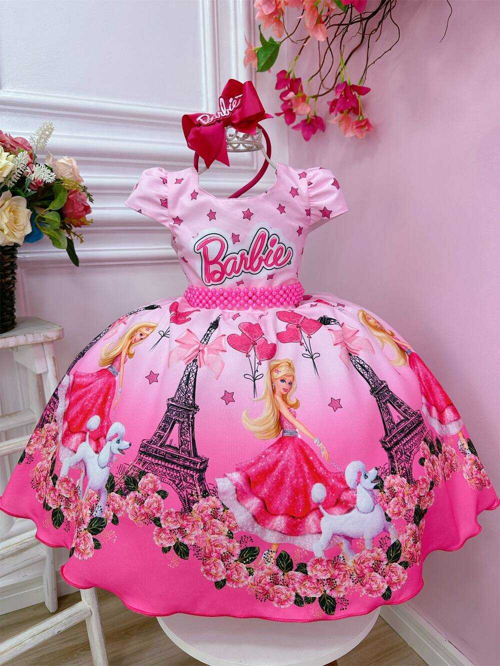 Vestido Infantil Barbie em Paris Rosa e Pink Cinto Pérolas