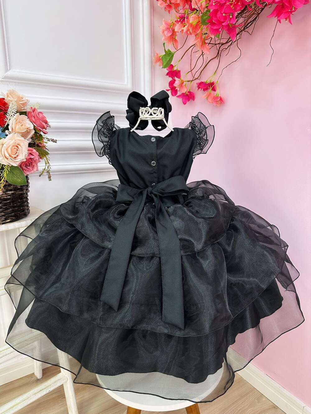 Vestido Infantil Wandinha Preto Com Cinto de Strass Luxo