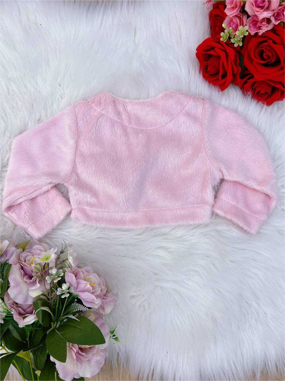 Bolero Infantil de Pelúcia Rosa Bebê Plush Botão Laço Stass