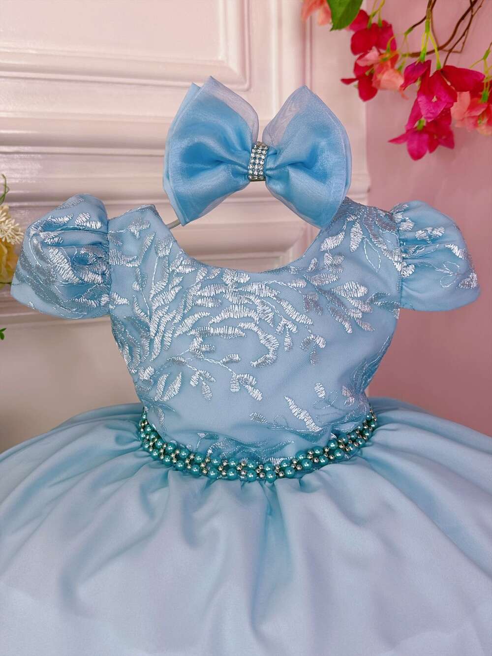 Vestido Infantil Azul C/ Renda e Cinto de Pérolas Laço