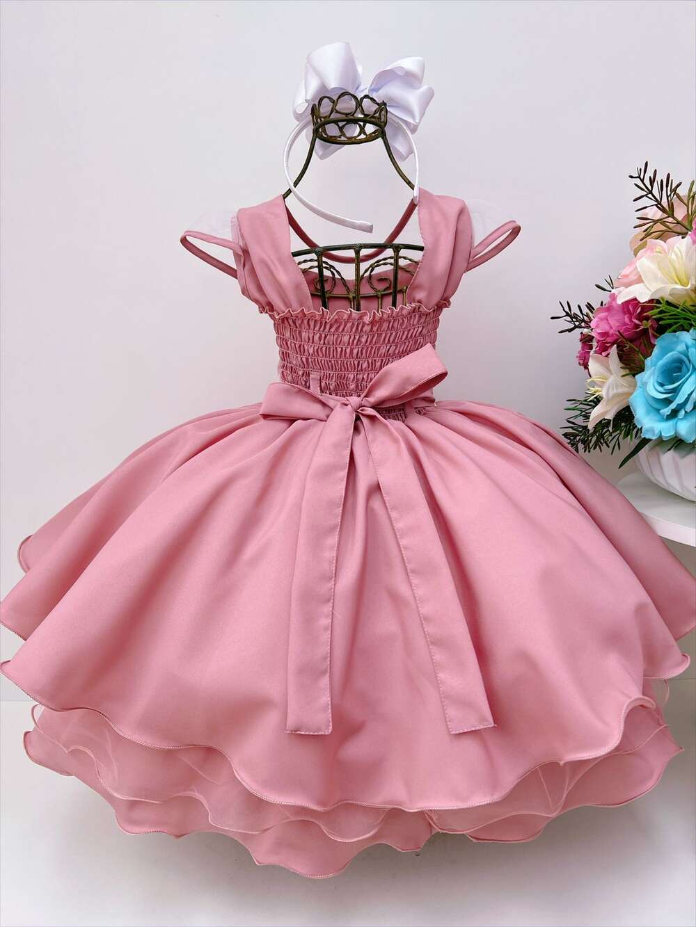 Vestido Infantil Rosé C/ Renda e Cinto Pérolas Strass Luxo