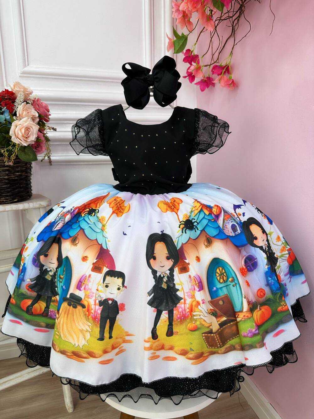 Vestido Infantil Wandinha Halloween Preto Busto Strass