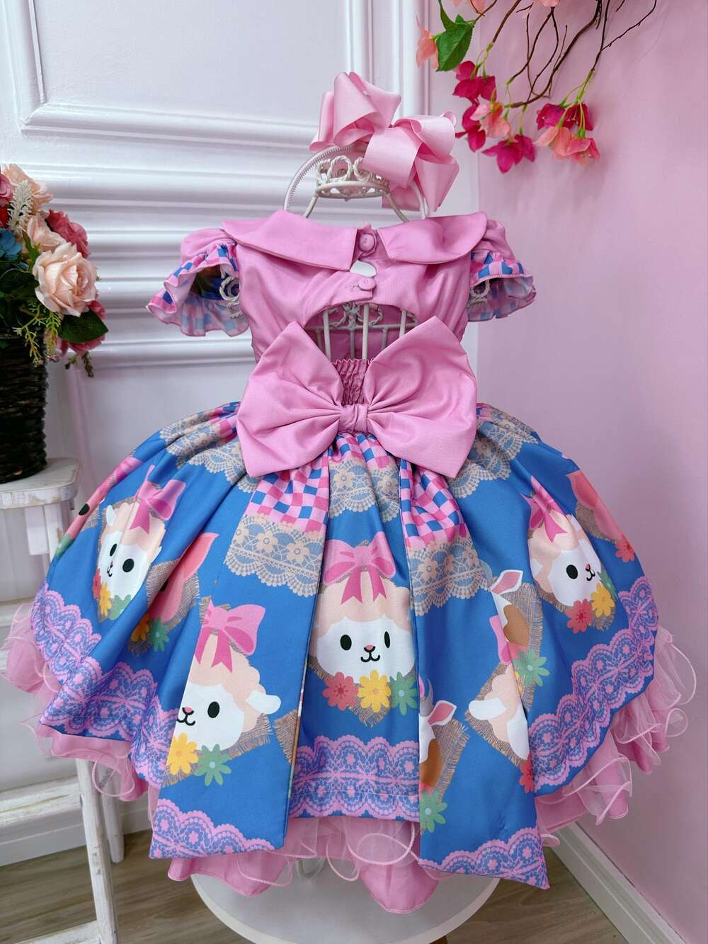 Vestido Infantil Rosa Fazendinha Bichos Aplique Botões