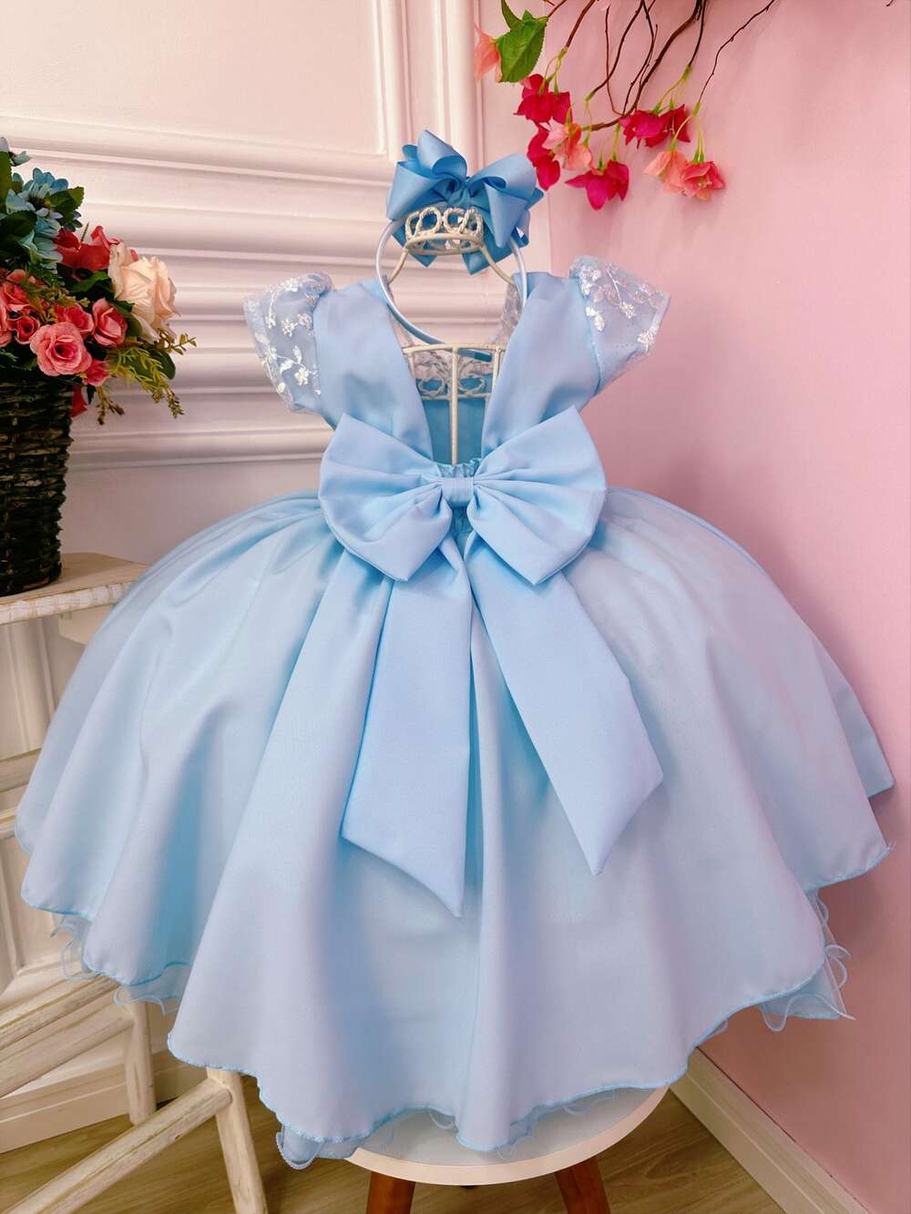 Vestido Infantil Azul Bebê e Renda C/ Glitter Cinto Pérolas