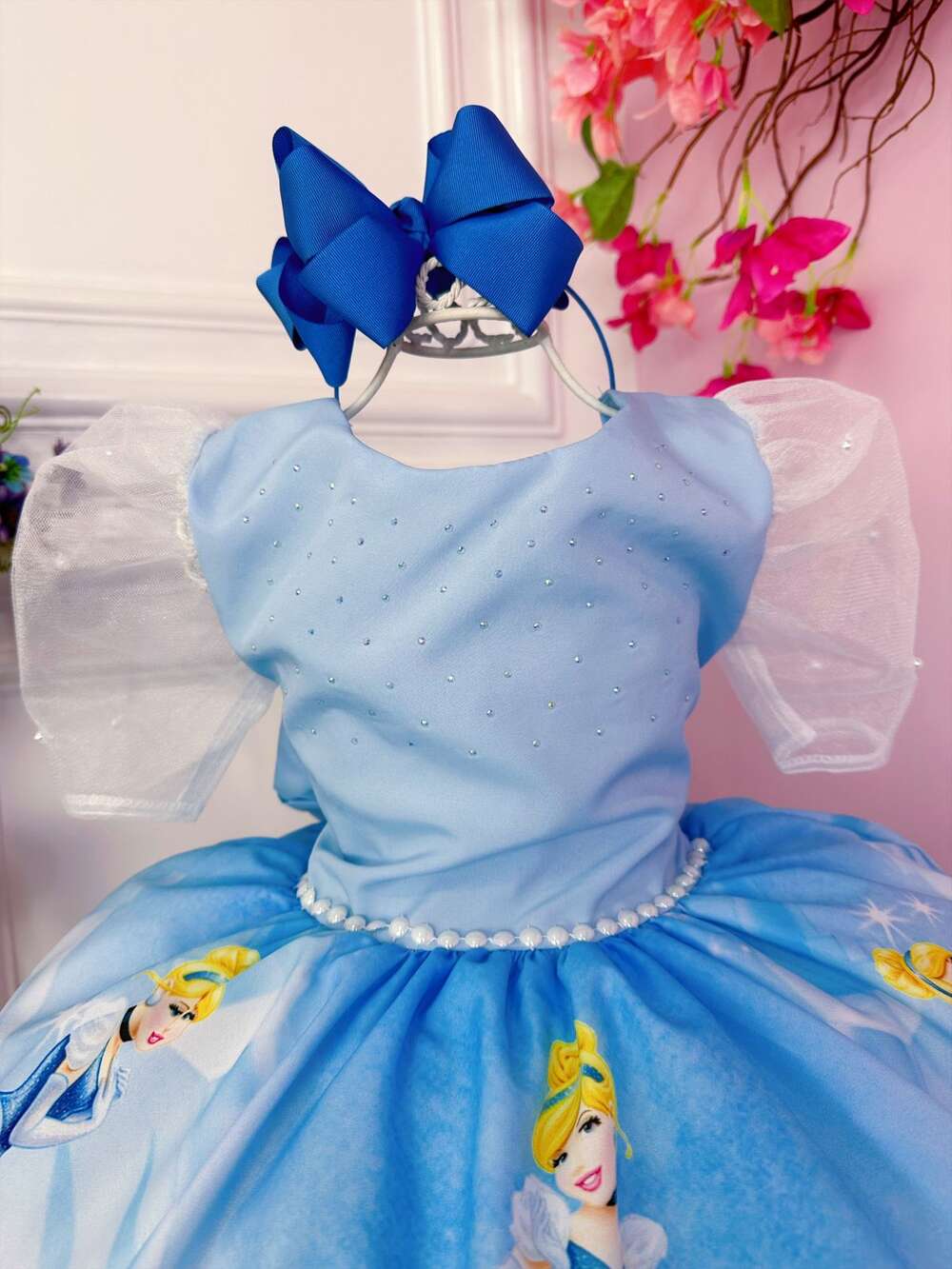 Vestido Infantil Princesa Cinderela Azul C/ Peito Strass