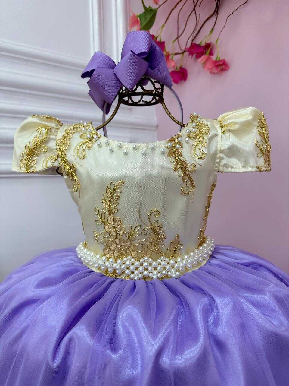 Vestido Infantil Marfim Com Lilás e Renda Realeza