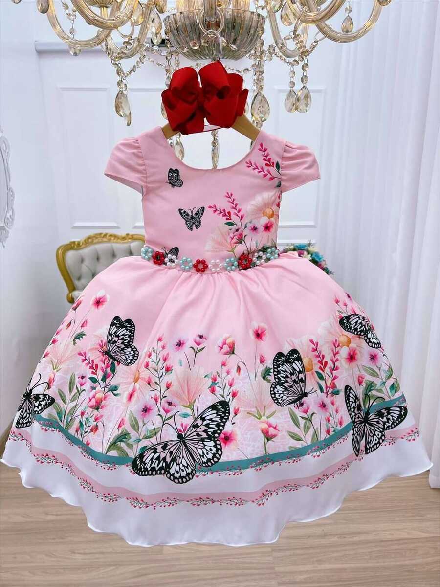 Vestido Infantil Rosa Borboletas Florido Cinto de Pérolas