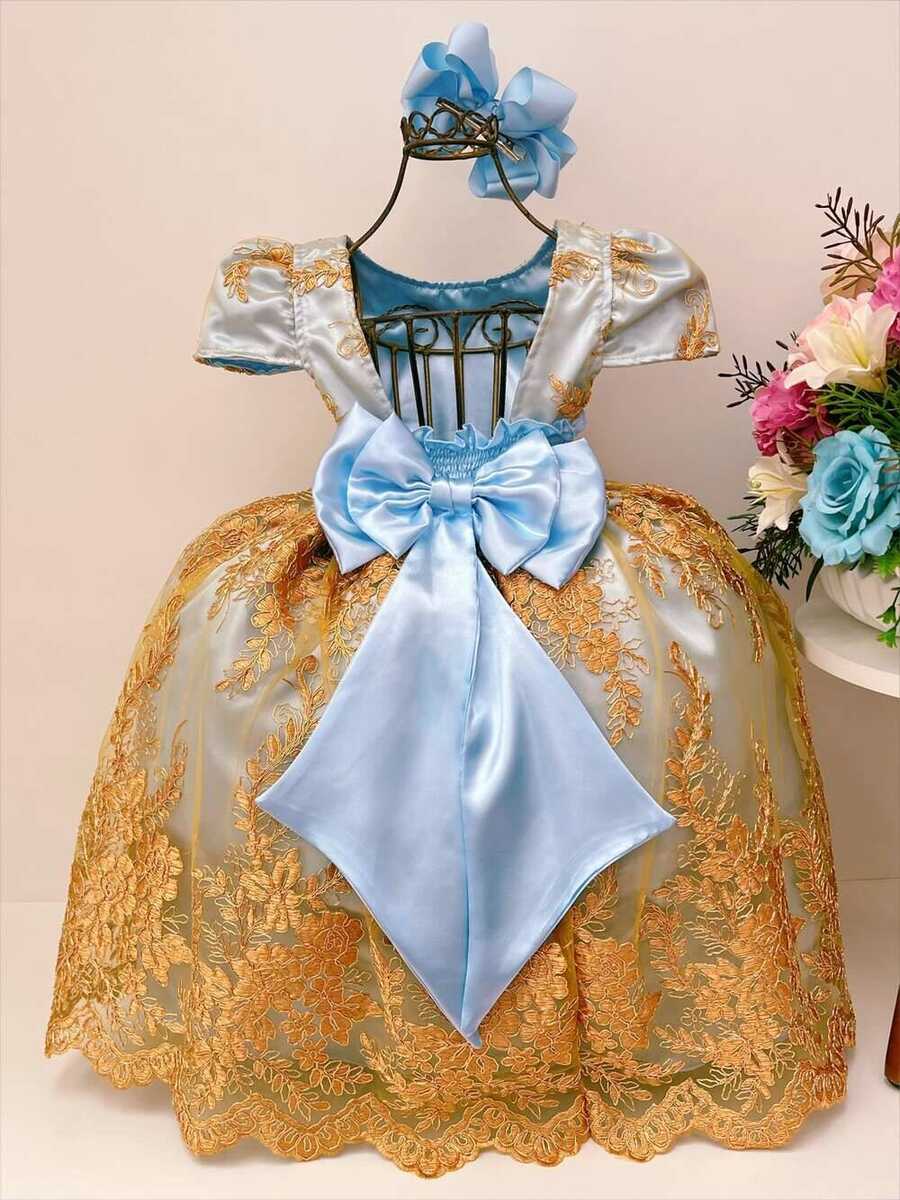 Vestido Infantil Azul Bebê C/ Renda Dourada Realeza Pérolas