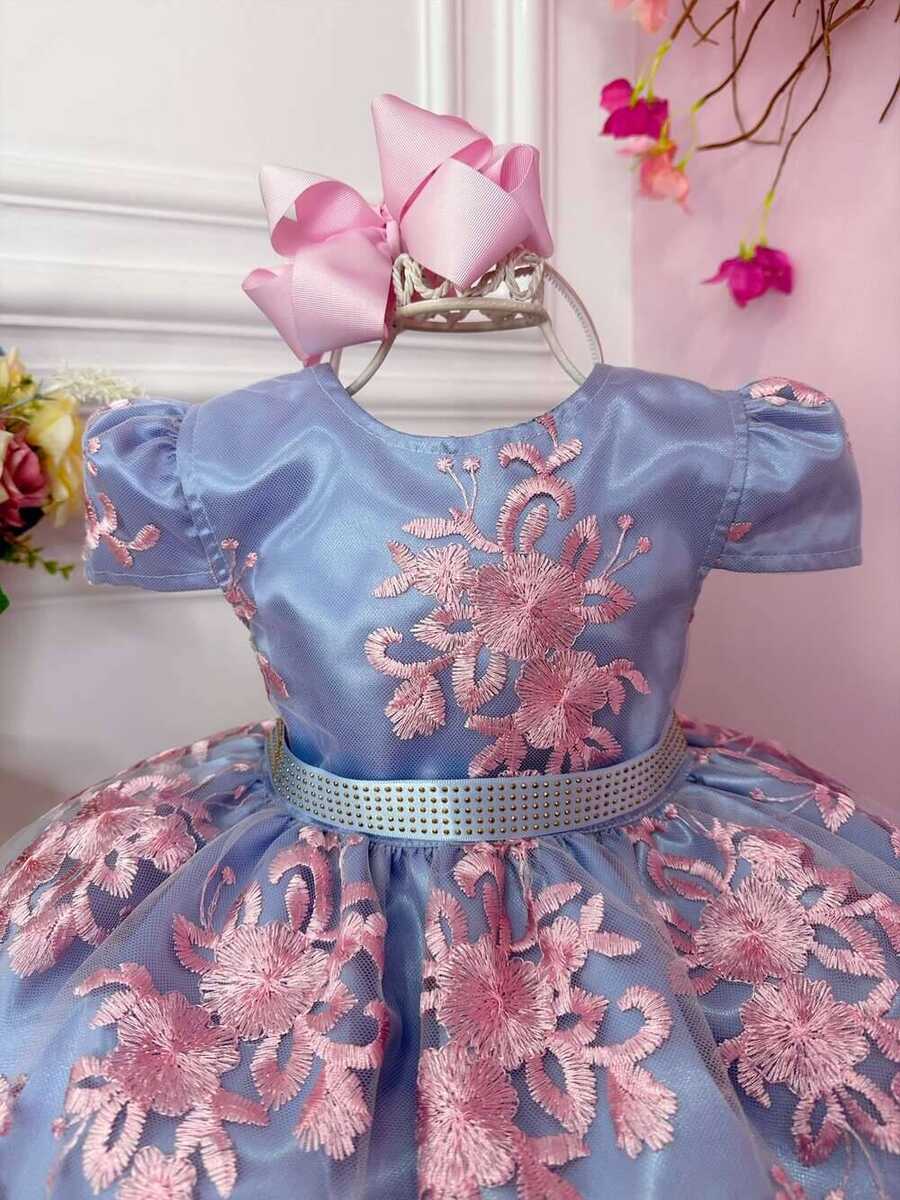 Vestido Infantil Azul Bordado e Renda Realeza Rosa C/ Strass