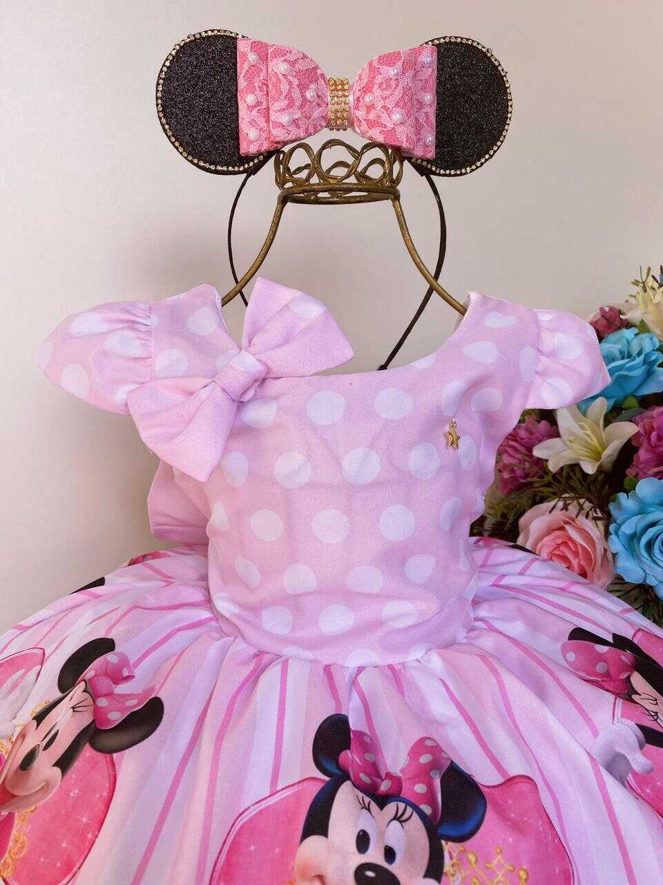 Vestido Infantil Minnie C/ Laço Para Cabelo Rosa Luxo