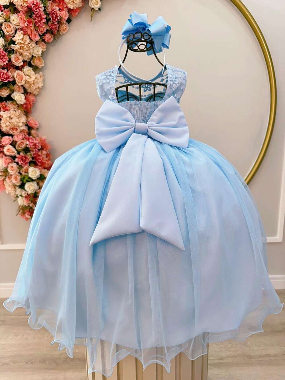 Vestido Infantil Azul C/ Renda Damas e Cinto de Pérolas