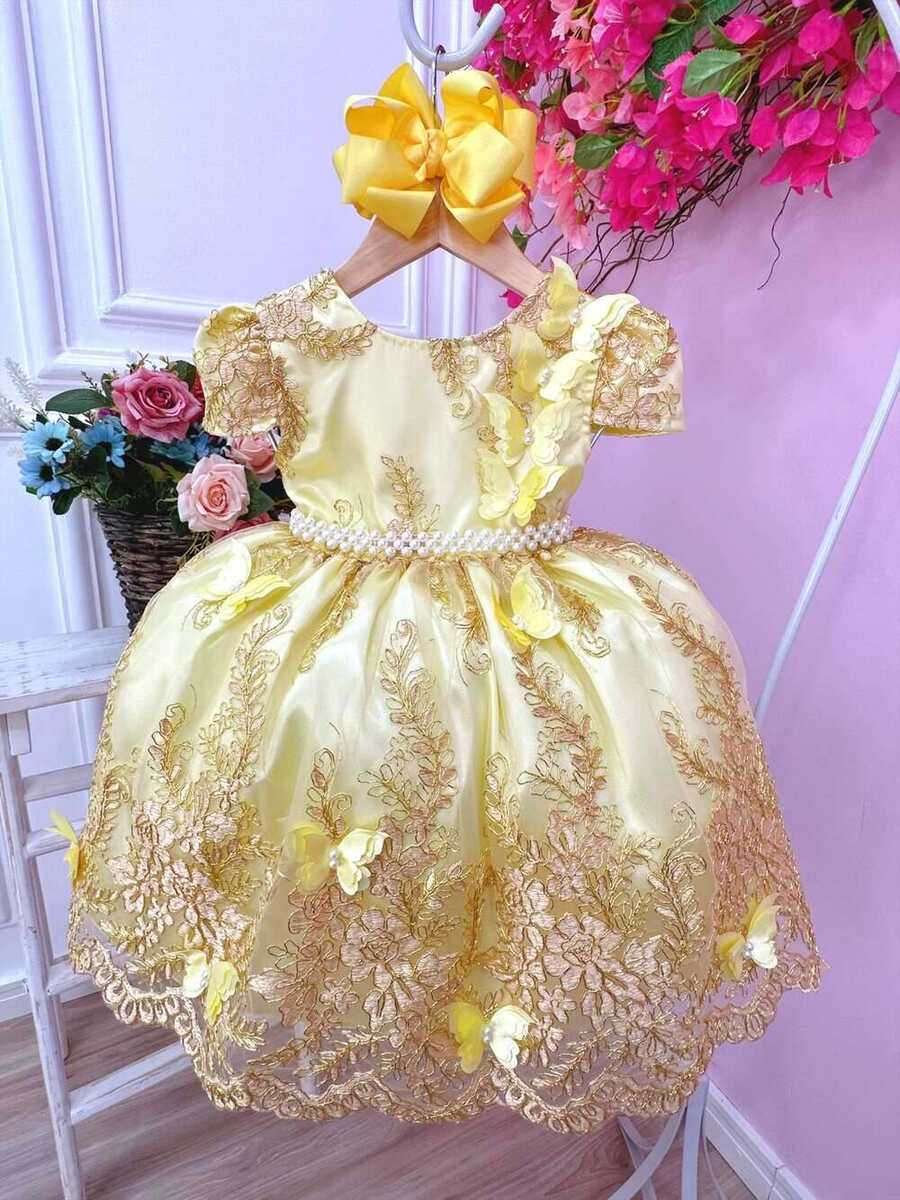 Vestido Infantil Amarelo Renda Realeza e Aplique Borboletas