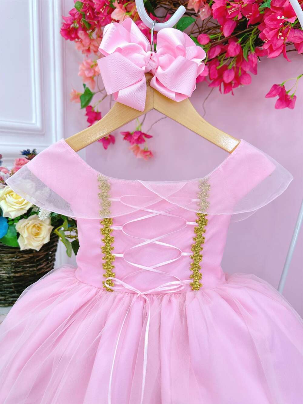 Vestido Infantil Princesa Aurora Com Busto Trançado