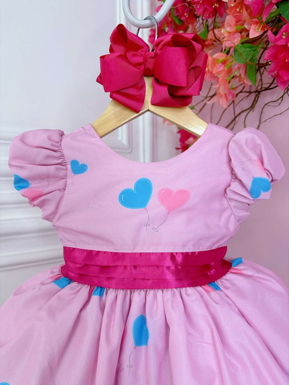 Vestido Infantil Rosa Circo Corações Laço Pink Super Luxo