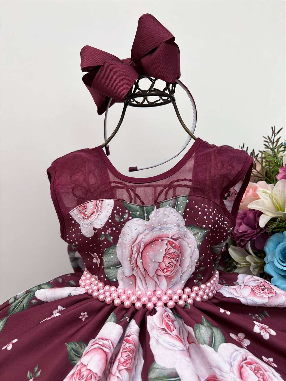 Vestido Infantil Marsala Rosas Peito Strass Pérolas