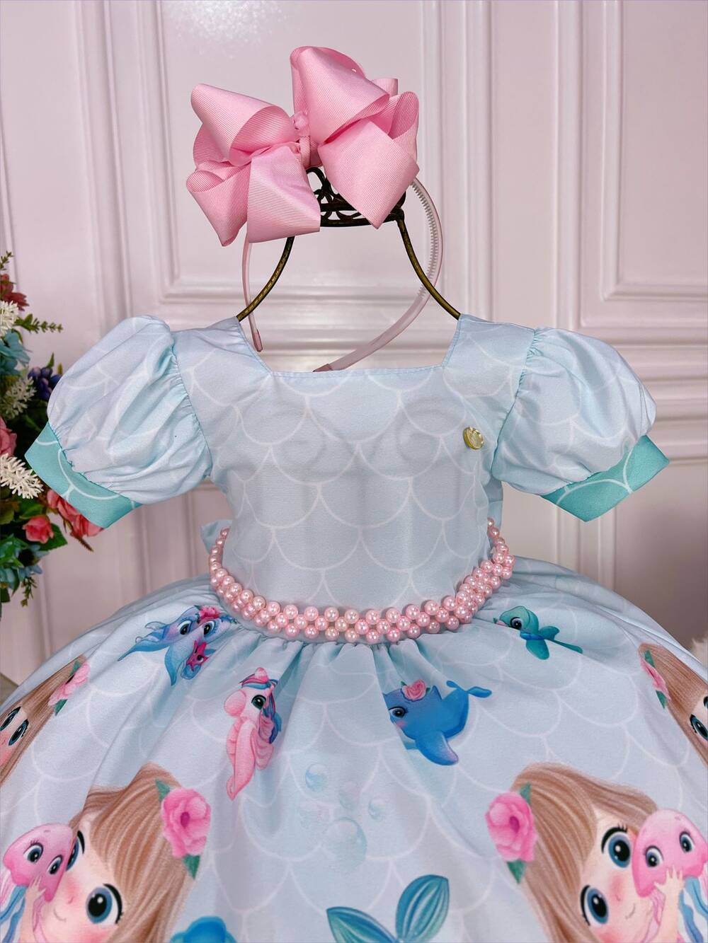 Vestido Infantil Sereia Cute C/ Cinto de Pérolas Luxo