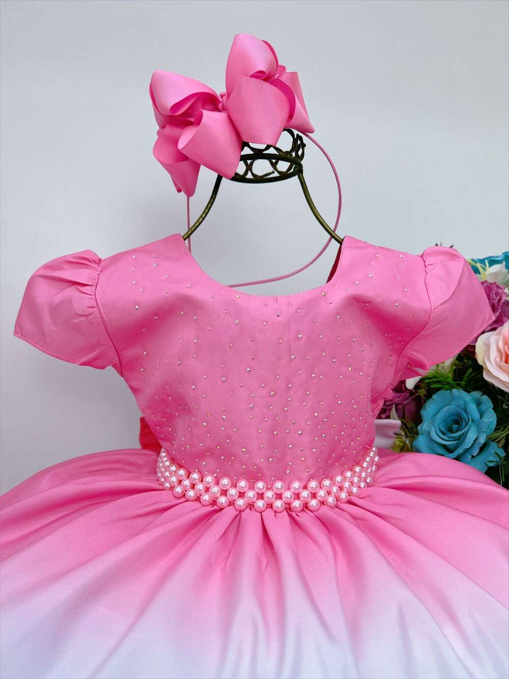 Vestido Infantil Rosa Chiclete Primavera Strass Pérolas