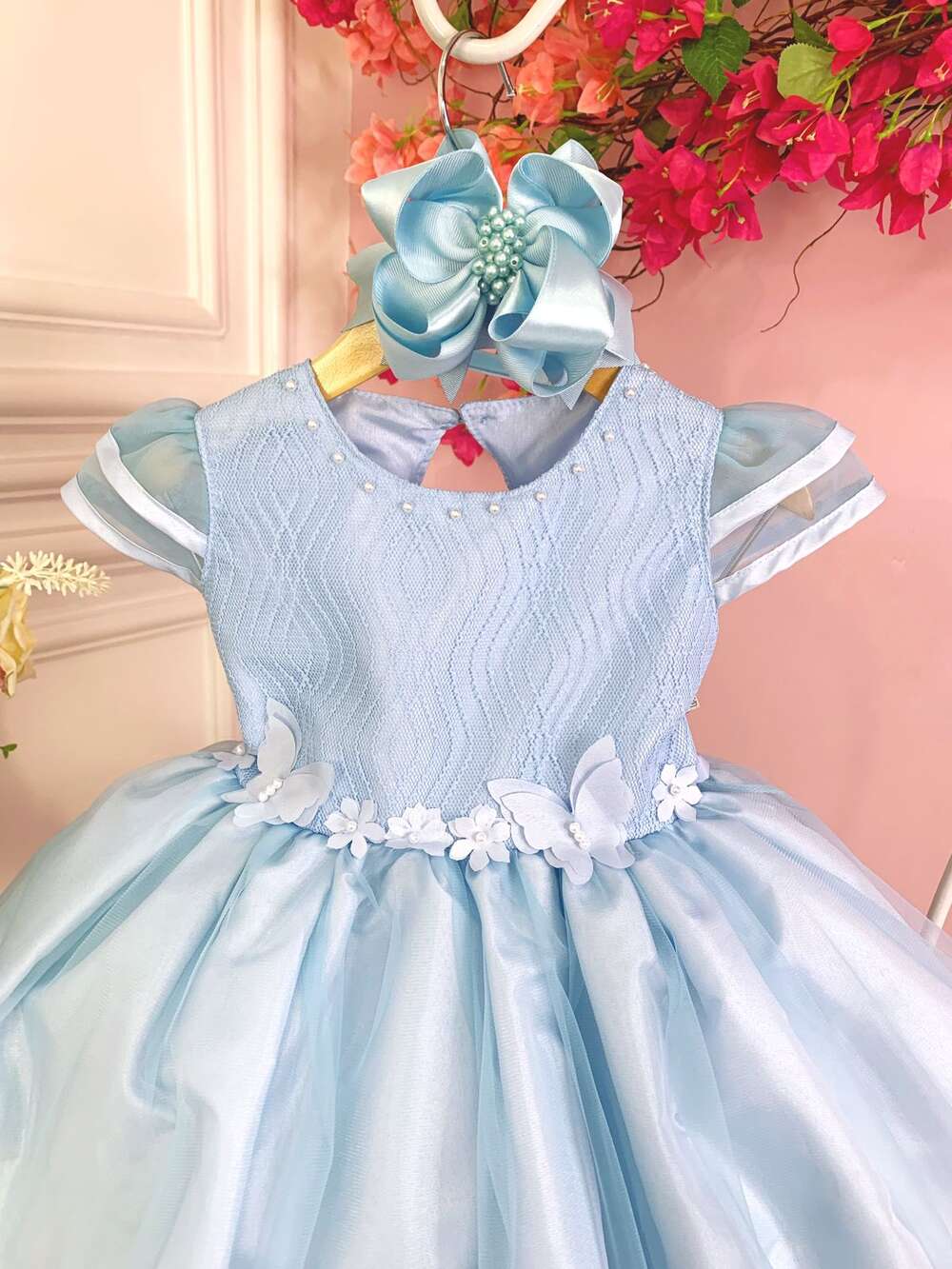 Vestido Infantil Azul C/ Aplique Flores Borboletas e Renda