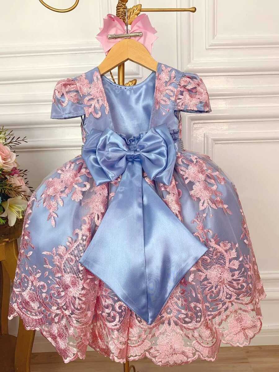 Vestido Infantil Azul Bordado e Renda Realeza Rosa C/ Strass