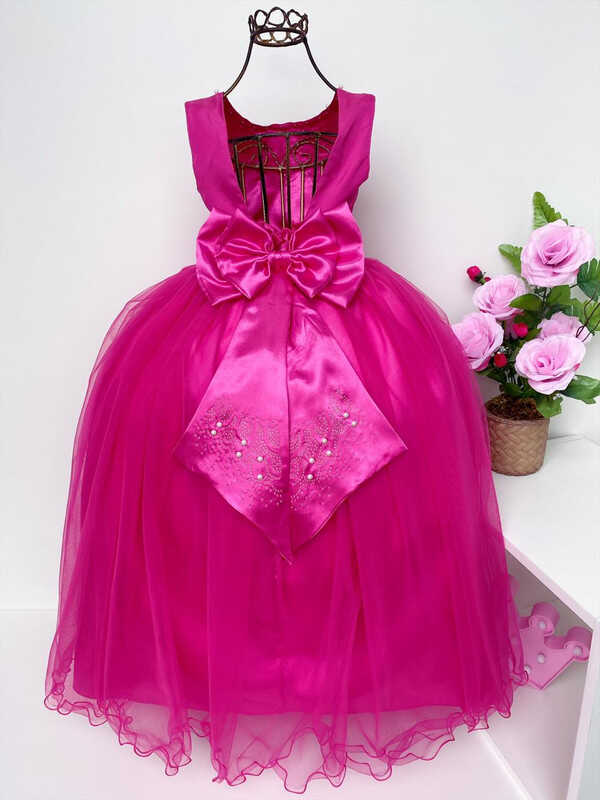 Vestido Infantil Damas de Honra Longo Pink Strass e Pérolas