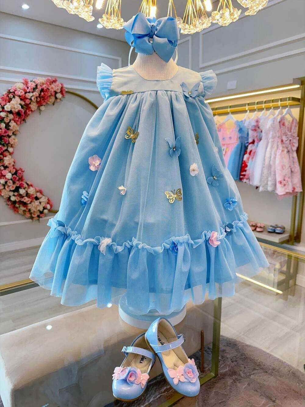 Vestido Infantil Azul Claro Jardim Encantado Luxo