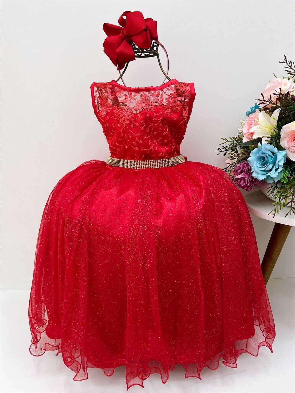 Vestido Infantil Vermelho Renda e Tule C/ Brilho Luxo