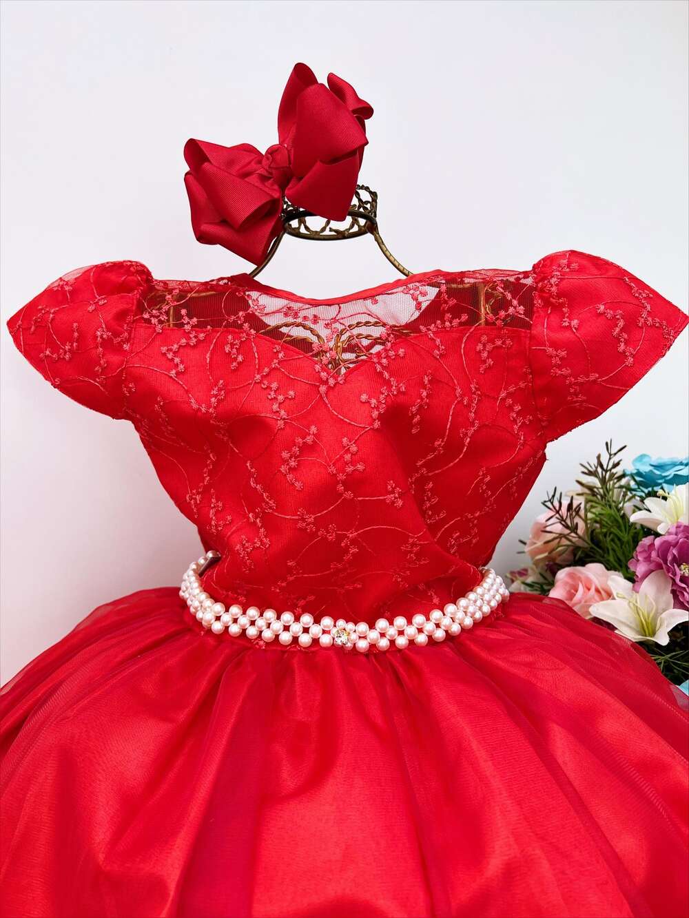 Vestido Infantil Damas Honra Vermelho Casamento Pérola Renda