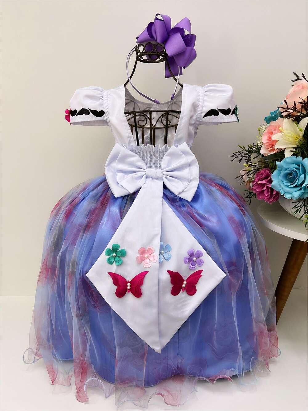 Vestido Infantil Encanto Aplique Flores Borboletas Floral Jardim Lilás