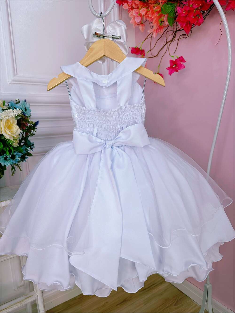 Vestido Infantil Branco C/ Renda Glitter e Cinto de Pérolas