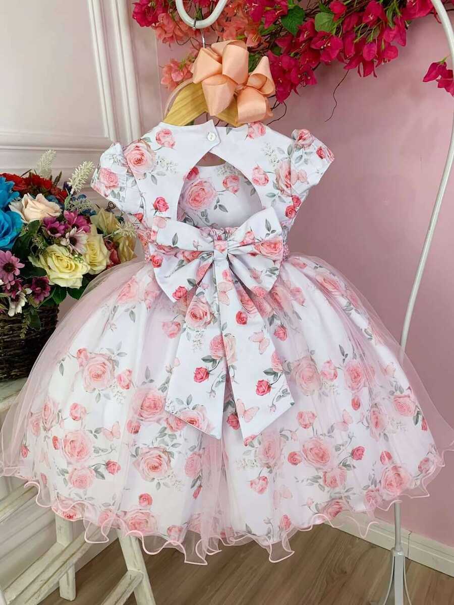 Vestido Infantil Branco Peito Nervura e Florido de Rosas