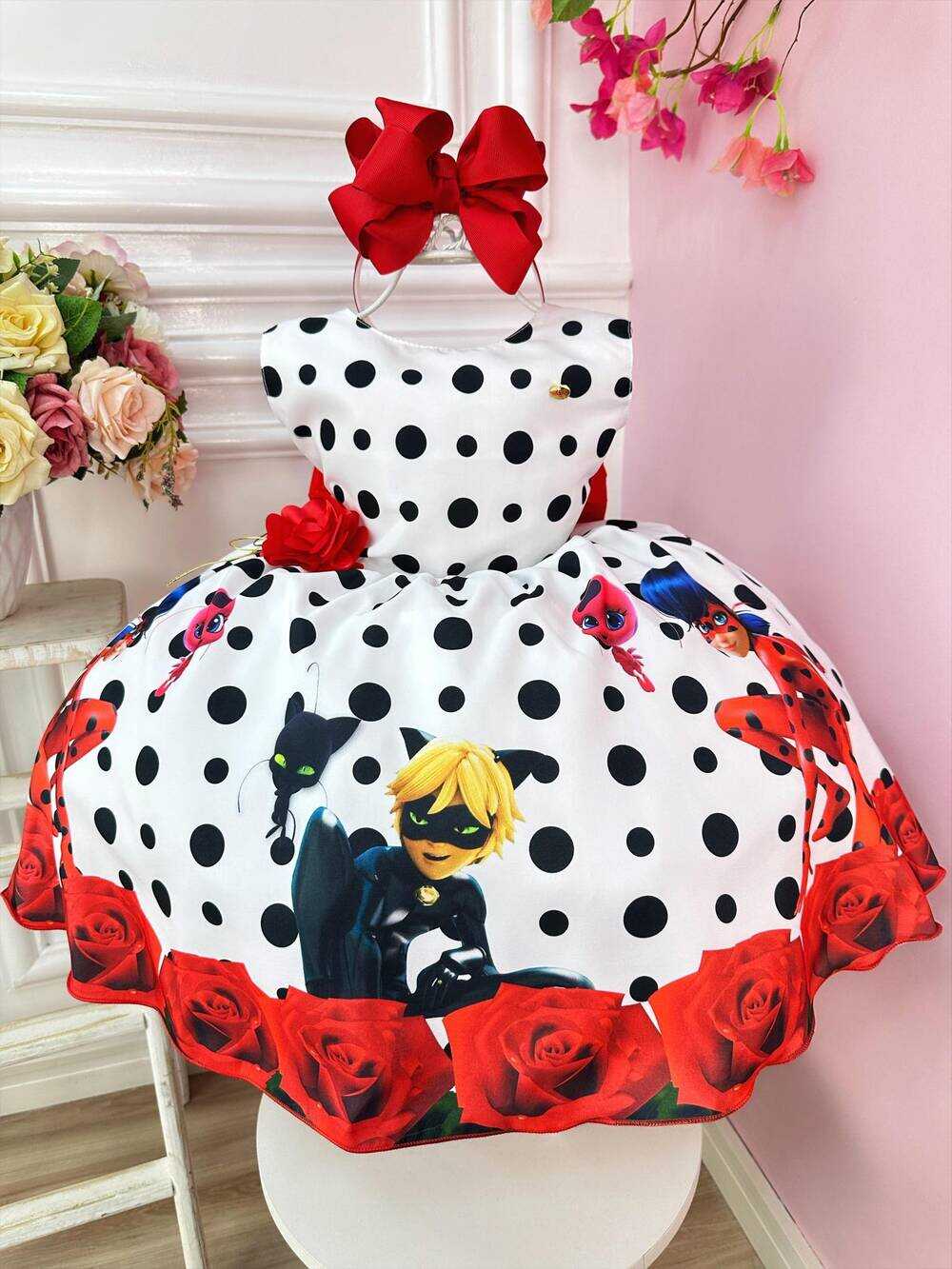 Vestido Infantil Lady Bug Branco e Preto Floral Vermelho