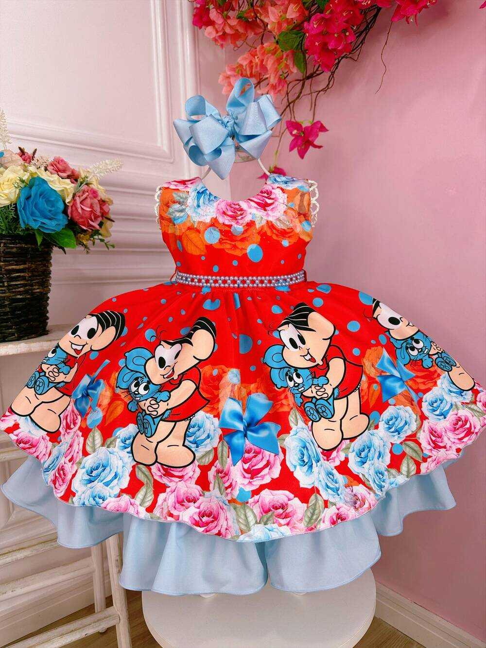 Vestido Infantil da Mônica e Sansão Vermelho Florido Luxo