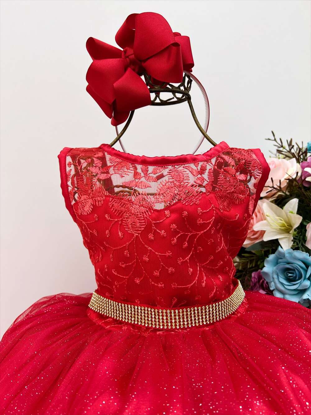 Vestido Infantil Vermelho Renda e Tule C/ Brilho Luxo