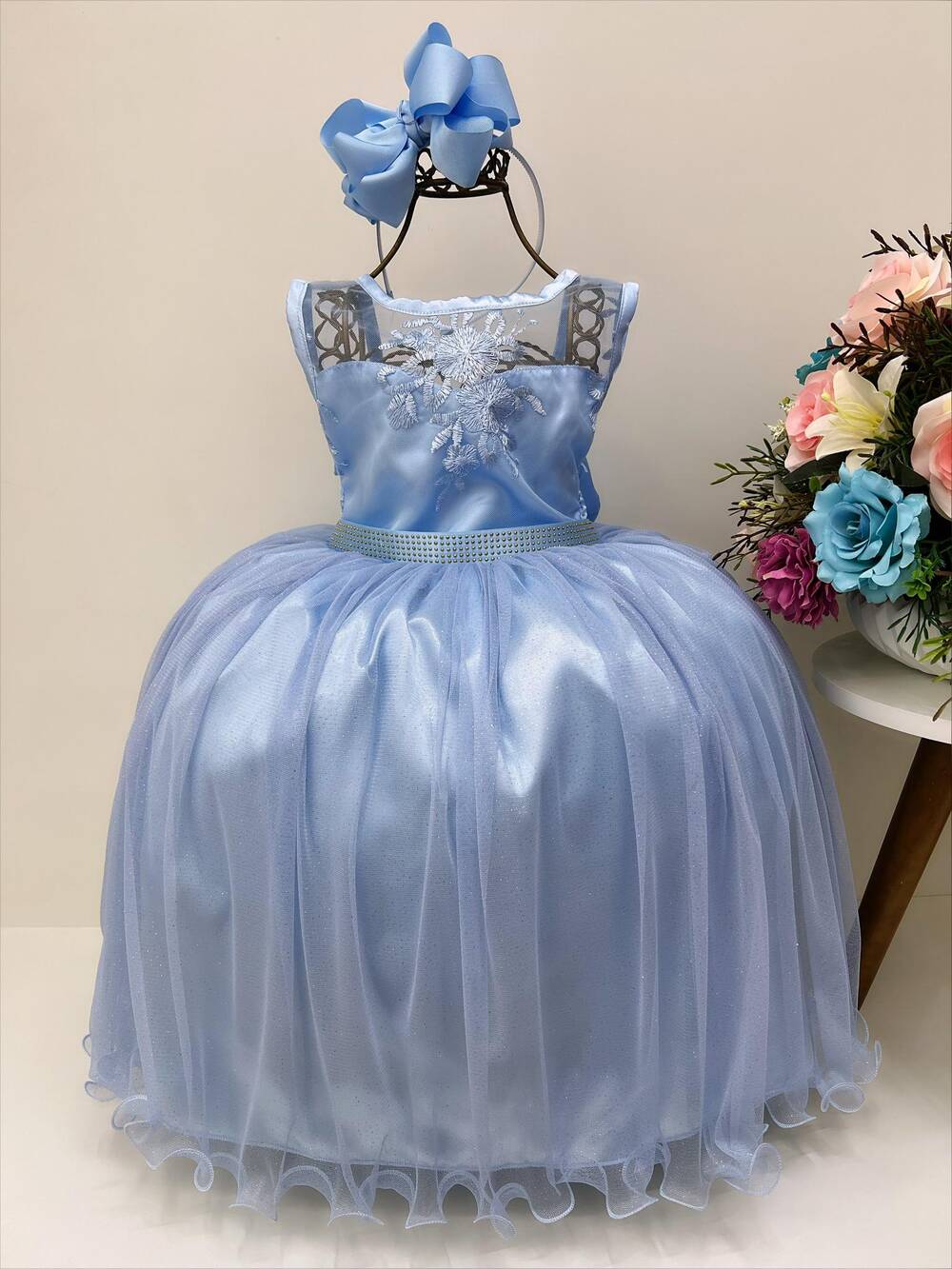 Vestido Infantil Azul Renda Cinto Strass Tule Brilho Damas